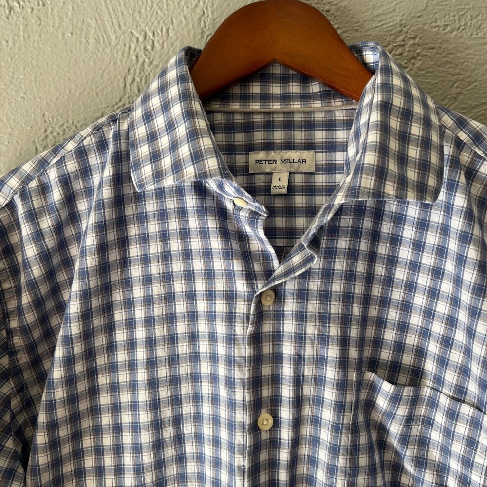 Peter Millar Mens Large Blue Plaid 100% Cotton Long Sleeve Button Down Shirt